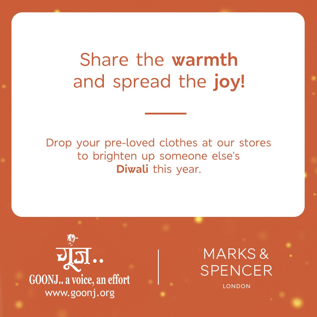 MandSIndia's tweet photo. Let's together create a world full of light for everyone! Drop your pre-loved clothes at our store and our partnership with @goonj will make sure they reach the people who need them the most.

#MandS https://t.co/Pyx3tfGW7H