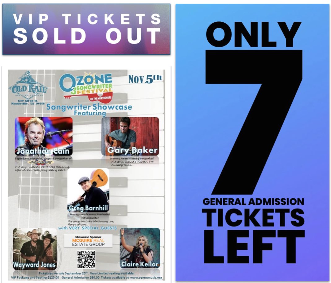 OzoneFest's tweet photo. Ozone Songwriter Festival Showcase 
Friday, November 5, 2021 
Show starts at 8:00pm
Old Rail Brewery (upstairs)
639 Girod Street
Mandeville, LA 70448
VIP Experience from 7:00pm to 7:45pm 
General Admission doors open at 7:15pm

THANK YOU TO OUR AWESOME SPONSORS AND VOLUNTEERS!!! https://t.co/2S9OWnEv3U