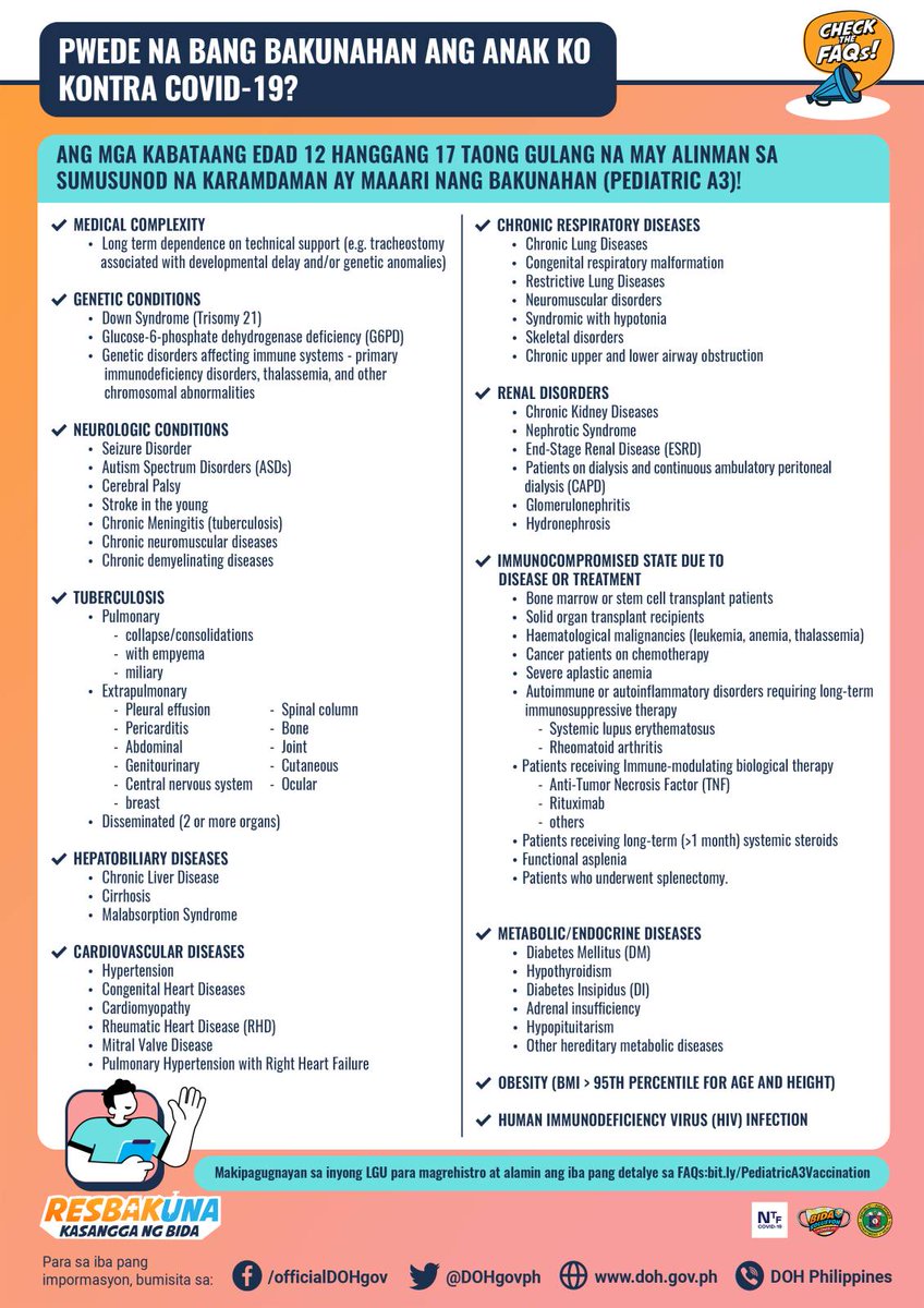 Narito ang listahan ng mga karamdaman (comorbidities) na kasama sa Pediatric A3 vaccination.
BIDA ang bata sa RESBAKUNA! Sama sama tayo sa BIDA Bakunation! 
#RESBAKUNA
#BIDAangBuongPamilya, Lolo, lola, at mga bata
#BIDASolusyon Plus sa COVID-19
#BIDAangMayDisiplina