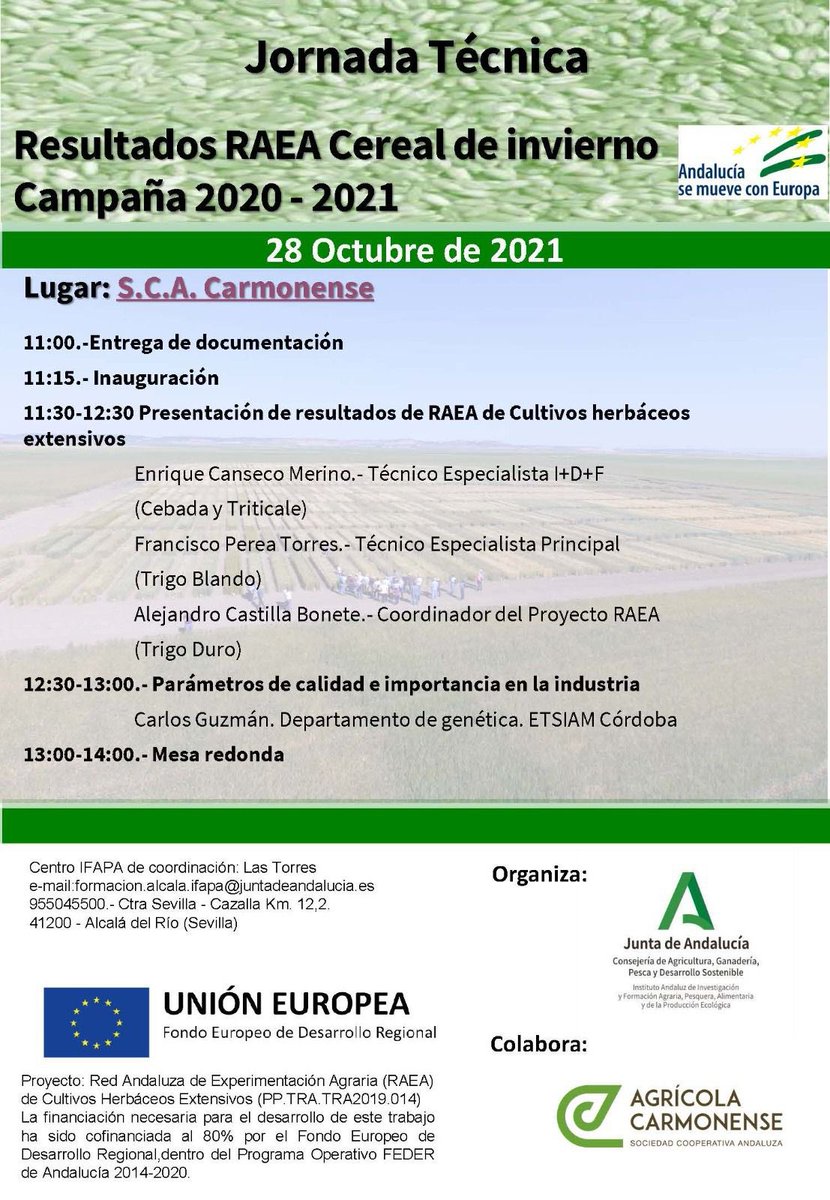 SolisMIgnacio's tweet photo. Presentación de los resultados de la #RAEA de cereales de invierno en la Cooperativa Agrícola Carmonense. @IfapaJunta @CastillaBonete Interviene Carlos Guzmán de la @ETSIAMCordoba https://t.co/9vrtrf51vc