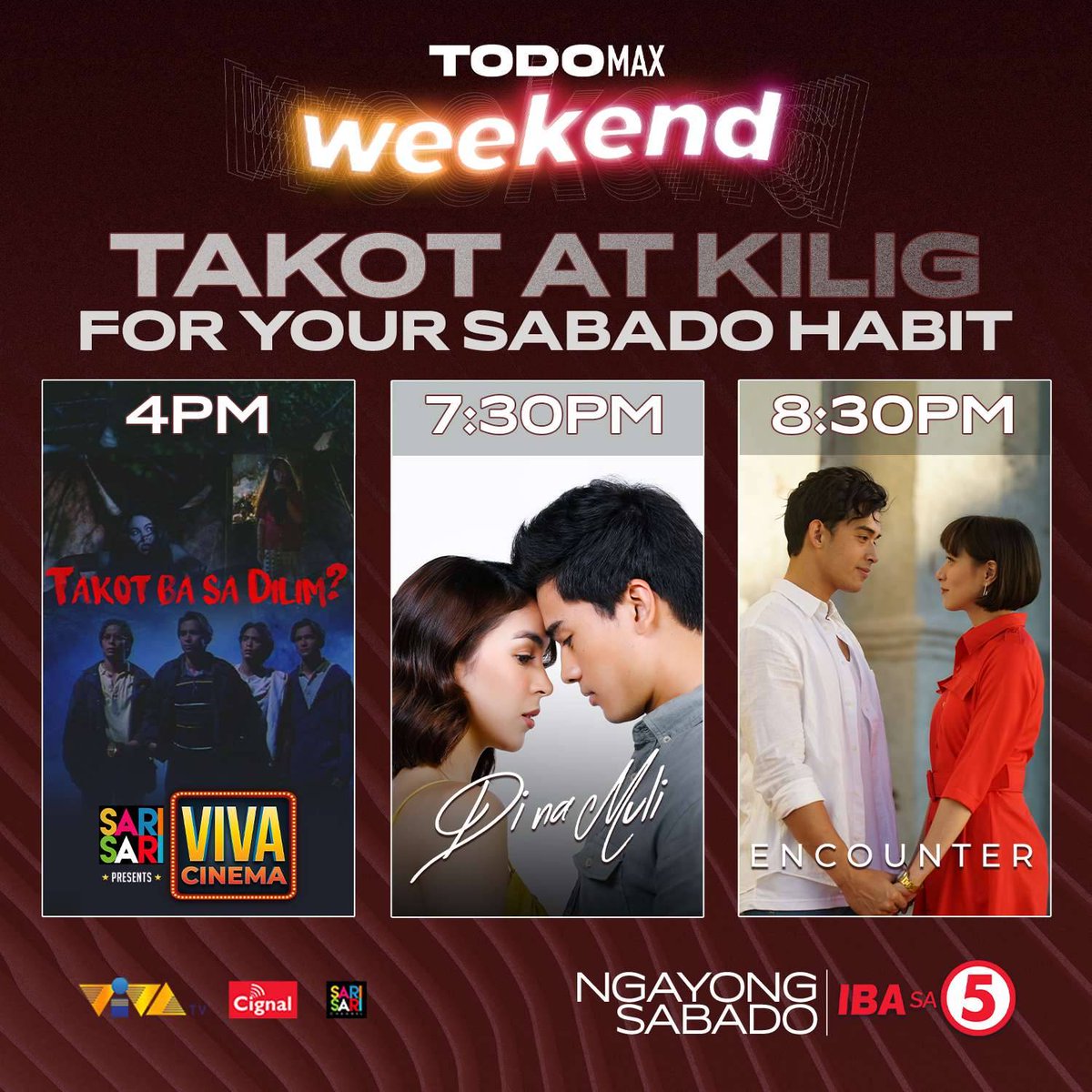 Viva_Ent's tweet photo. Takot ka bang mamiss out ang Saturday habit? Nakakilabot na kilig at takot ang handog ngayong Sabado sa TodoMax Weekend block ng TV5! #TodoMaxWeekend @TV5manila https://t.co/0mKZ79y2Qz