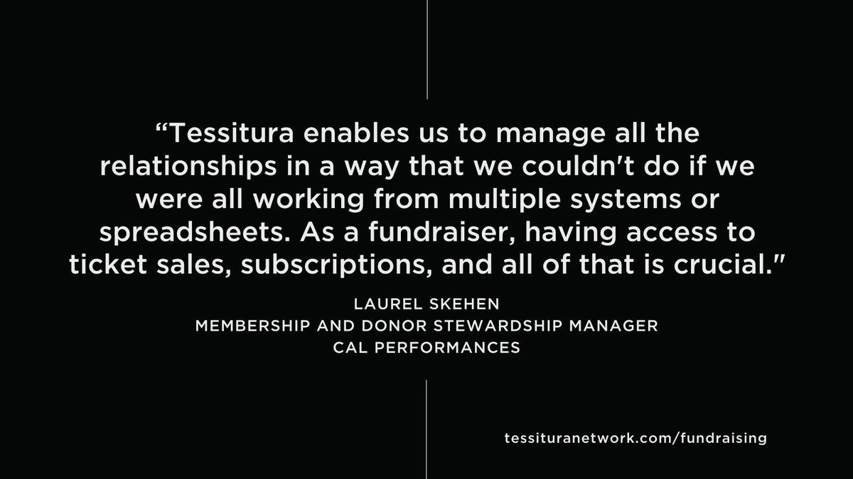 "As a fundraiser, having access to ticket sales, subscriptions, and all of that is crucial.”

Laurel Skehen <a href="/calperformances/">Cal Performances</a> depends on Tessitura to manage the customer relationships essential to #fundraising.

Fundraiser? Tessitura can help you too: bit.ly/2XtmHVc