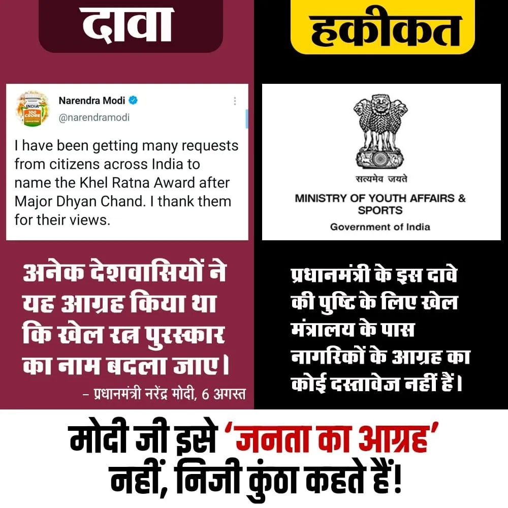 mrkanhusahoo's tweet photo. जनता के आग्रह’ नहीं, मोदी के पूर्वाग्रह और ट्वीट के चलते आननफानन में बदला गया राजीव गांधी खेल रत्न का नाम!
#worst_pm 😂
@IYCOdisha @RoshanLalBittu @ajayraj420 @AtharIm45388428 @MamaSahoo12 @ShivKum84605055 @Vande_matarm19 @Rohitrajr7511 @INC_PnSinghPal @VikasGauravINC https://t.co/t4CuvxTOAX