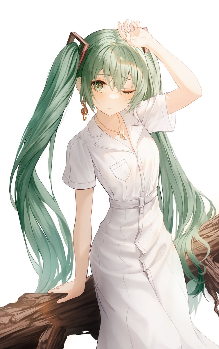 hatsune miku 1girl solo long hair twintails one eye closed dress jewelry  illustration images