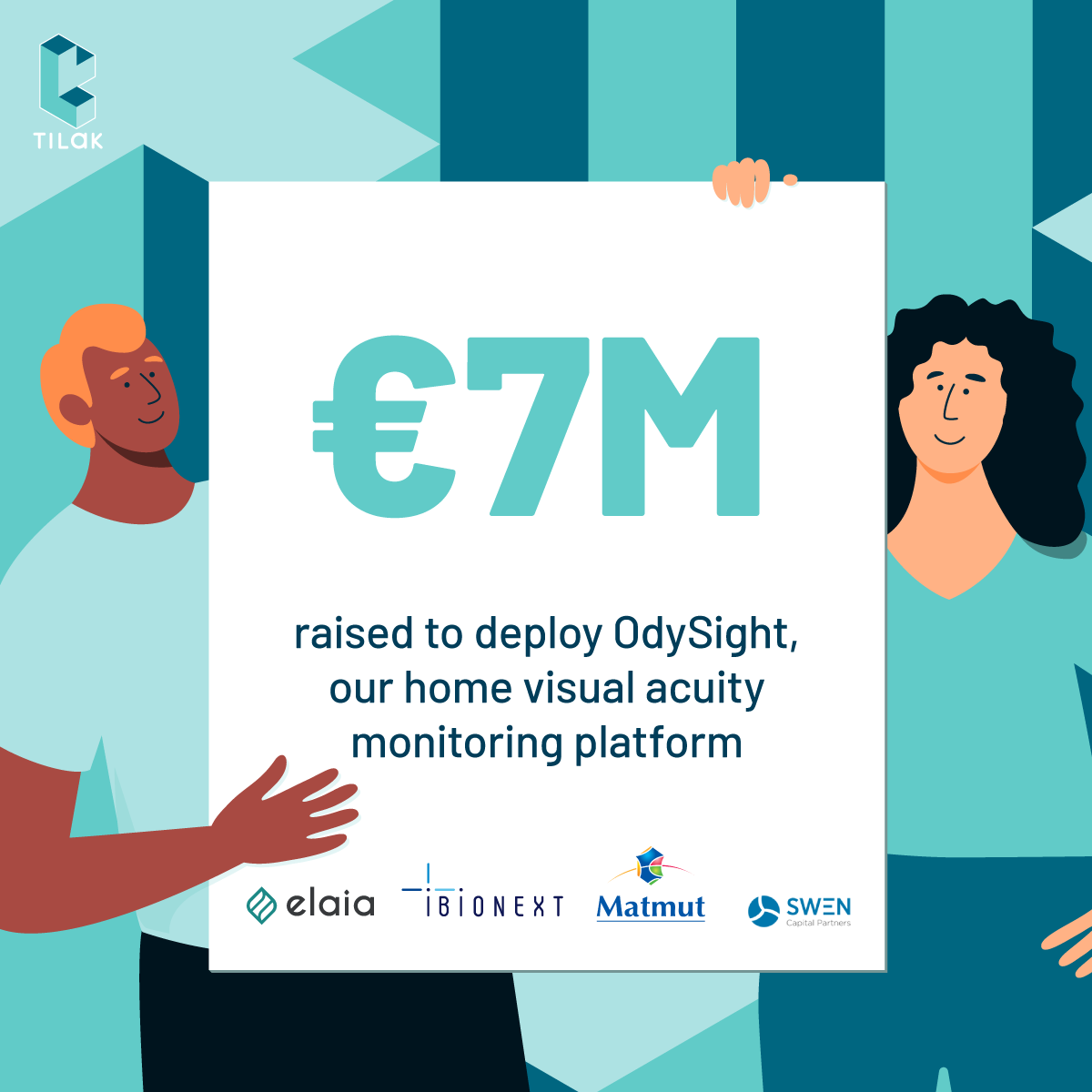 Tilakhealthcare's tweet photo. 📣BIG ANNOUNCEMENT📣

We are proud to announce that @Elaia_Partners, @SWENCP, @Matmut and our historic investor @iBionext helped us raise €7M in order to keep developing OdySight and create the futur of vision monitoring. This is just the beginning... #youplaywecare #ehealth https://t.co/OKblvJtoPC