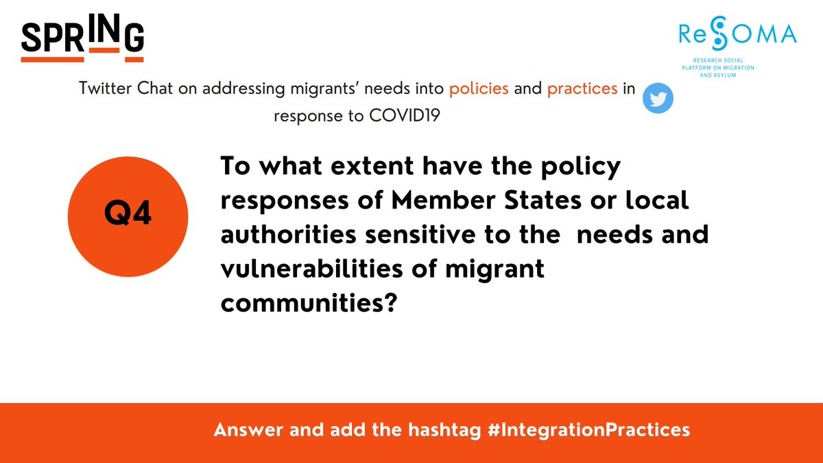 H2020_sprINg's tweet image. Our final question for today&apos;s Twitter chat. Q4: To what extent have the policy responses of Member States or local authorities sensitive to the needs and vulnerabilities of migrant communities? #IntegrationPractices