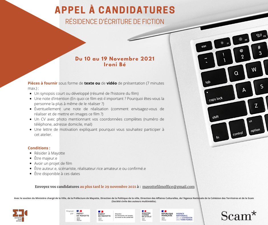 FilmMayotte's tweet photo. #Mayotte  #cinema  #audiovisuel La date limite de l'appel à candidatures pour la #résidence d’#écriture de #fiction  organisée du 10 au 19 novembre 2021 c’est demain (29 octobre)! ⏰ @webscam @Prefet976 @lesoutremer #ministeredelaville https://t.co/giqFgCUUrk
