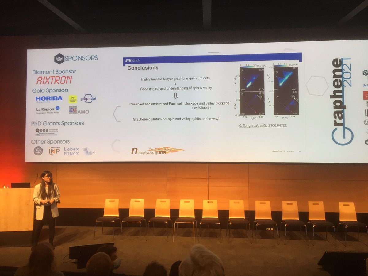 sensemolen's tweet photo. Beautiful presentation by Chuyao Tong on Pauli spin and valley blockade. Great results, elegant physics and a very well delivered talk. (Ensslin group) @GrapheneConf https://t.co/NXZsuAS4zx