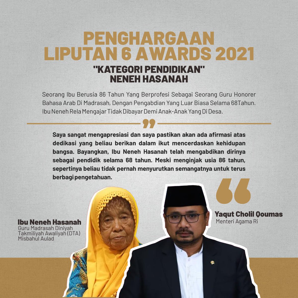Mewakili santri se-Indonesia saya takzim dan mencium tangan Ibu Neneh Hasanah di <a href="/Liputan6SCTV/">Liputan 6 SCTV</a>
Awards 2021 siang ini yang berusia 86 tahun dan masih mengajar.

Tangan itu yang mencetak jutaan santri di Indonesia, tangan terkuat di negeri ini. Hormat untuk tenaga pendidik 🙏🏻
