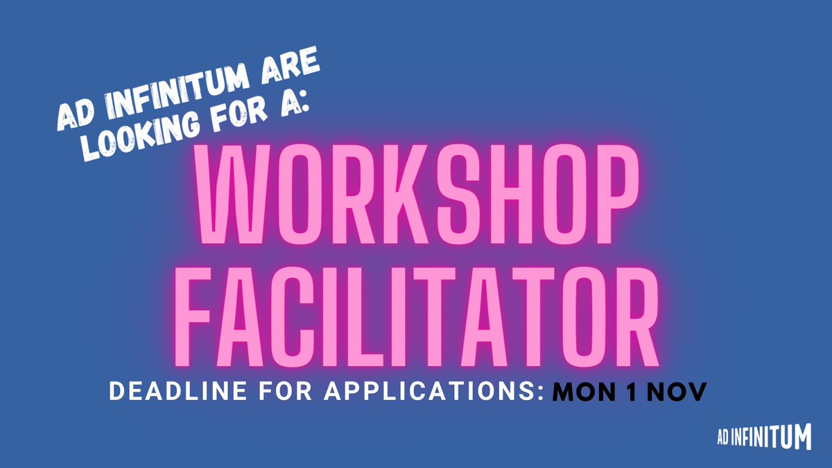 💥LAST FEW DAYS TO APPLY!💥

Are you a facilitator from the Global Majority?

This is a paid opportunity to train in delivering an Ad Infinitum workshop, develop a workshop using your own experience &amp; then deliver to local schools!

Apply now➡️ad-infinitum.org/workshop-facil…

#ArtsJobs