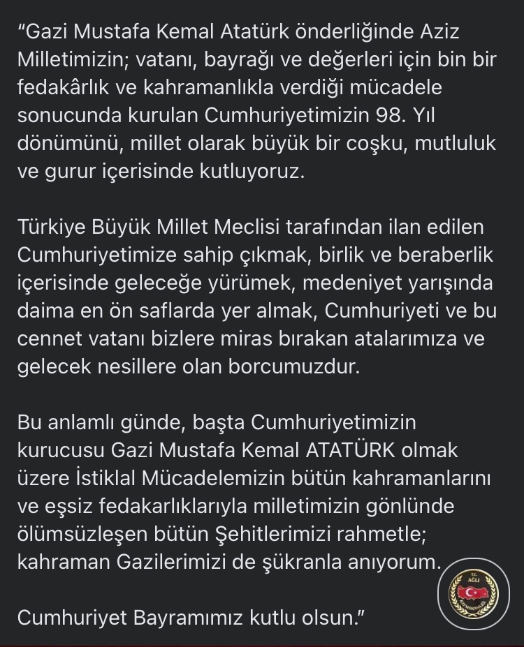 KaymakamlikAgli's tweet photo. Kaymakamımız Sayın Mehmet Akif TEMUR’un 29 Ekim Cumhuriyet Bayramı Kutlama Mesajı

⬇️⬇️ https://t.co/wFvekQa5Ab