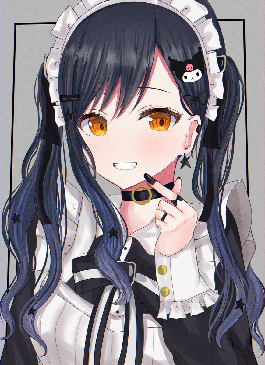 1girl solo smile twintails maid headdress hair ornament black nails  illustration images