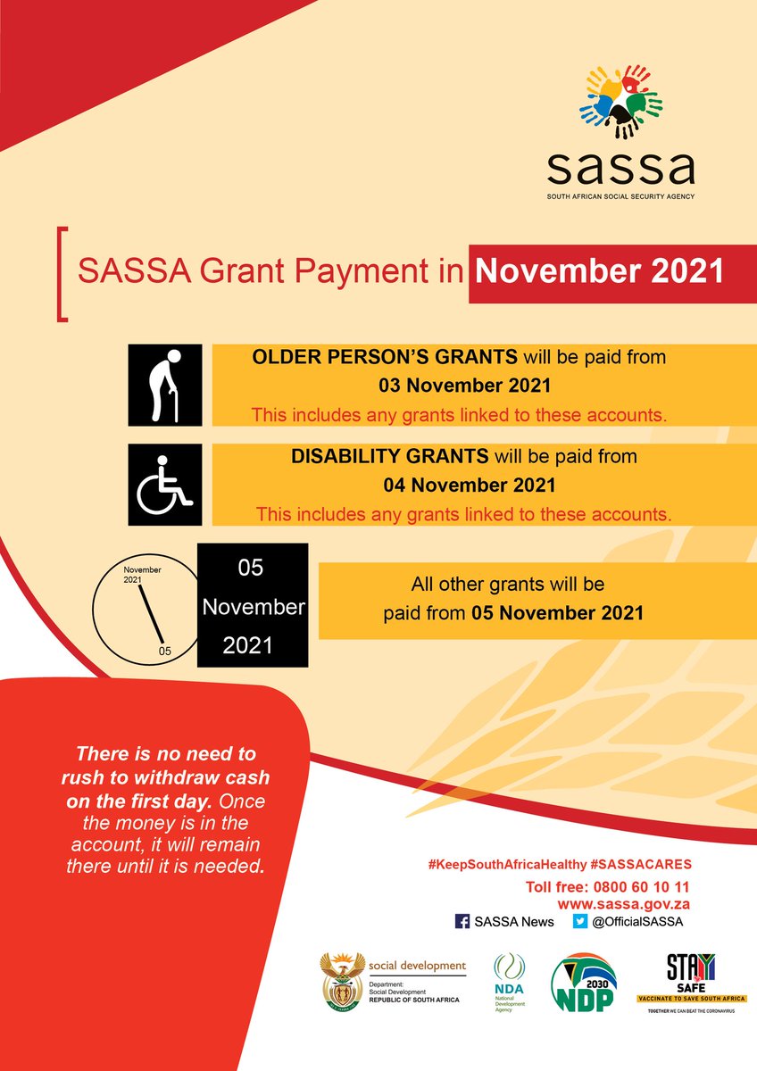 OfficialSASSA's tweet photo. Social grant payment dates for November 2021 #SASSACARES @The_DSD @nda_rsa @PostofficeSa @GovernmentZA https://t.co/QgaZOCzF2m