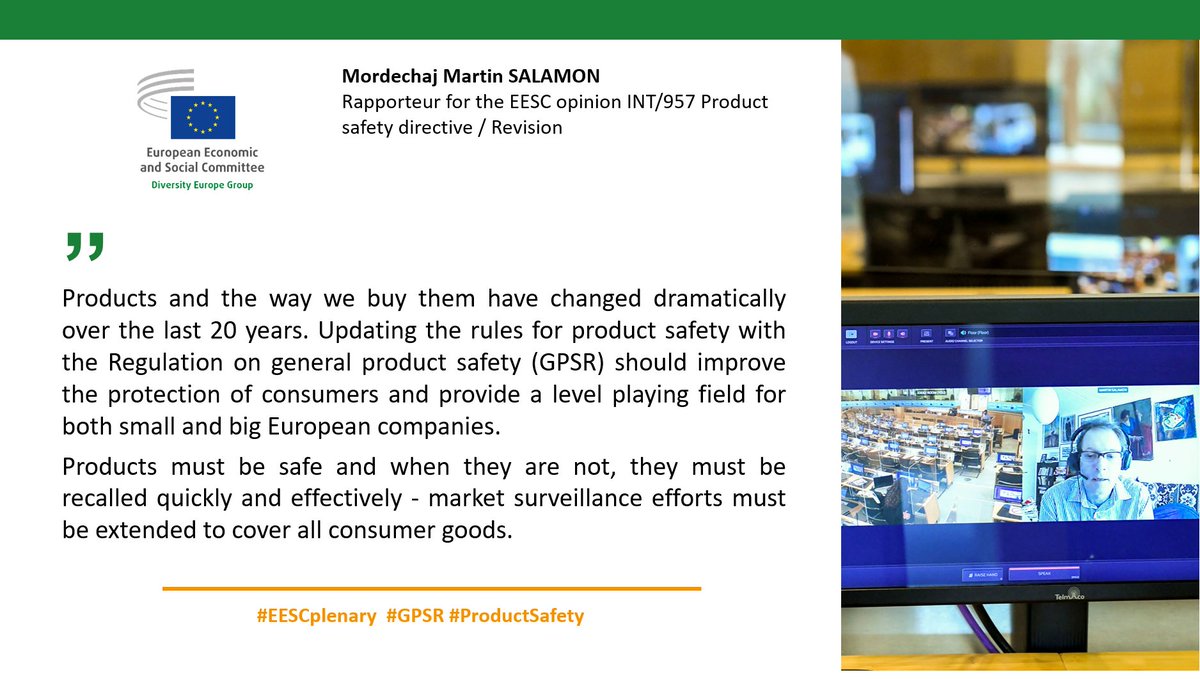 Products must be safe and when they are not, they must be recalled quickly and effectively!
🗣️<a href="/Marti1n/">Martin Salamon</a> <a href="/fbrtaenk/">Forbrugerrådet Tænk</a>, rapporteur for the <a href="/EESC_INT/">EESC Single Market</a> opinion on #ProductSafety directive/Revision #GPSR

Have a look at the opinion👉europa.eu/!F3Q7mg
<a href="/beuc/">The Consumer Voice</a> <a href="/anectweet/">ANEC | Raising standards for consumers</a> <a href="/EP_SingleMarket/">IMCO Committee Press</a>