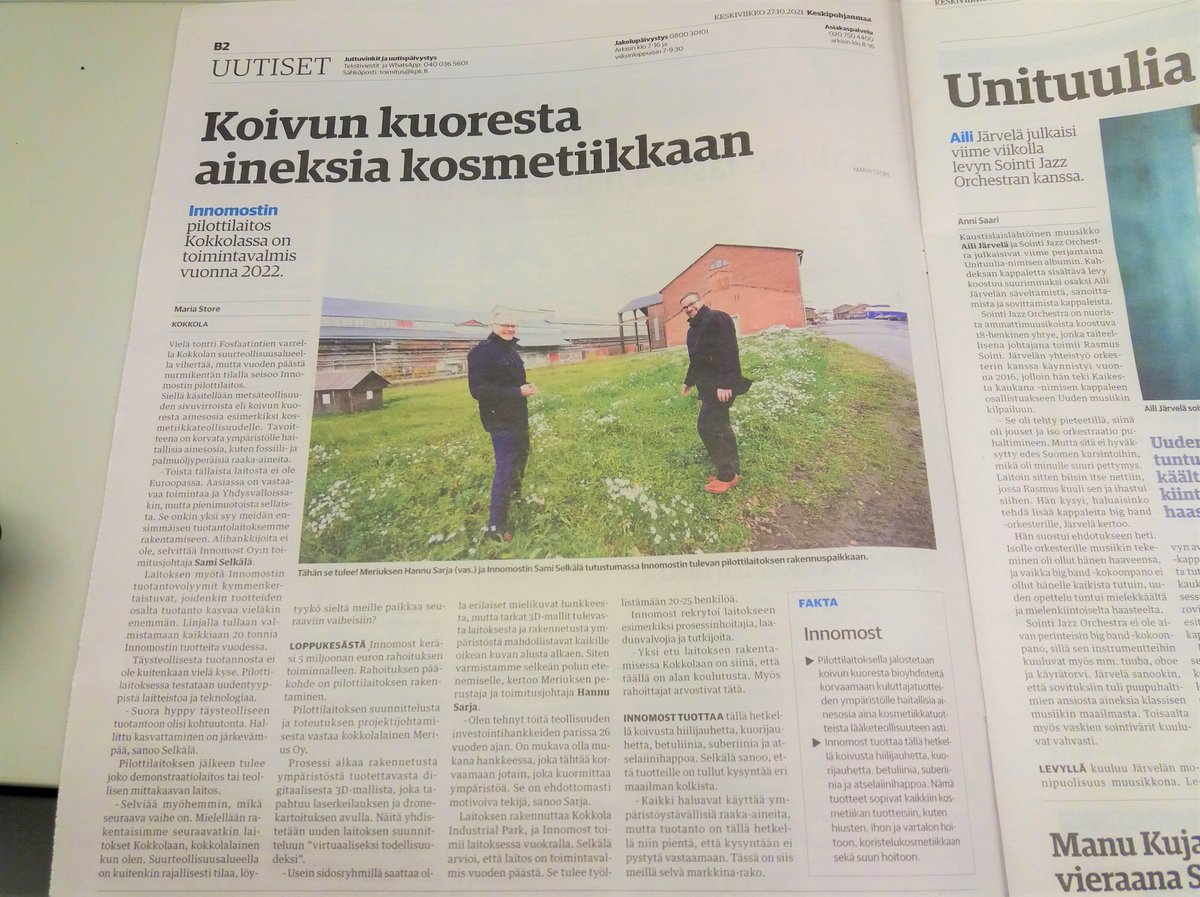 innomost's tweet photo. Tähän se tulee! Lajissaan Euroopan ensimmäinen pilottilaitos, jossa metsäteollisuuden sivuvirroista valmistetaan kosmetiikan raaka-aineita. Kiitos @Kepari_toimitus !
#keskipohjanmaa #kokkola #tehdassuunnittelu #merius #biotalous #biokemia #puu #koivunkuori #kiertotalous https://t.co/6iRdz7F9lN