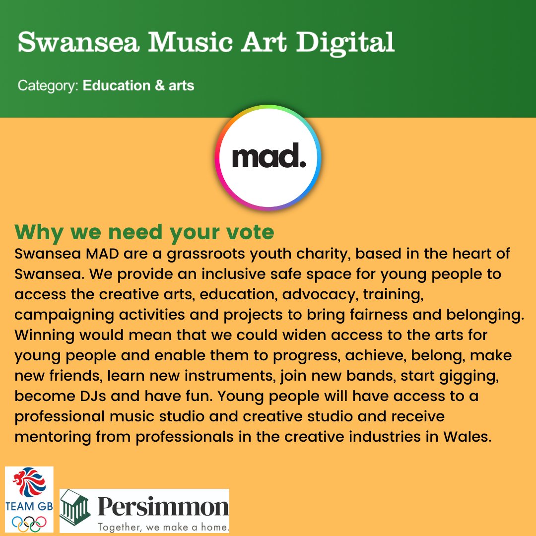 Why vote for Swansea Music Art Digital? Vote here: persimmonhomes.com/building-futur…
#PersimmonHomes #BuildingFutures #TeamGB #VoteForUs
