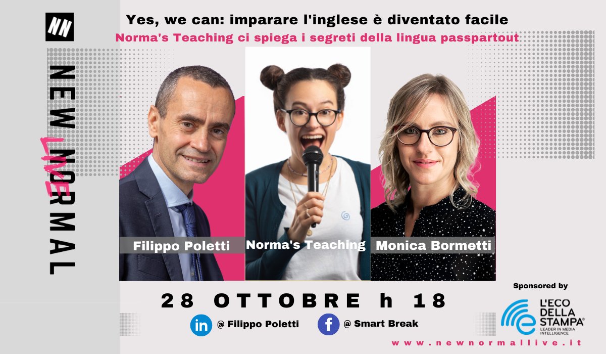 filippo_poletti's tweet photo. È l’insegnante d’inglese più famosa d’Italia. Incontriamo Norma Cerletti di Norma's Teaching oggi, giovedì 28 ottobre alle 18 su LinkedIn, per parlare di NormaL English ✔ #NEWNORMALLIVE #NNL https://t.co/FNUTsX0fTa https://t.co/c7iqR1C5xt