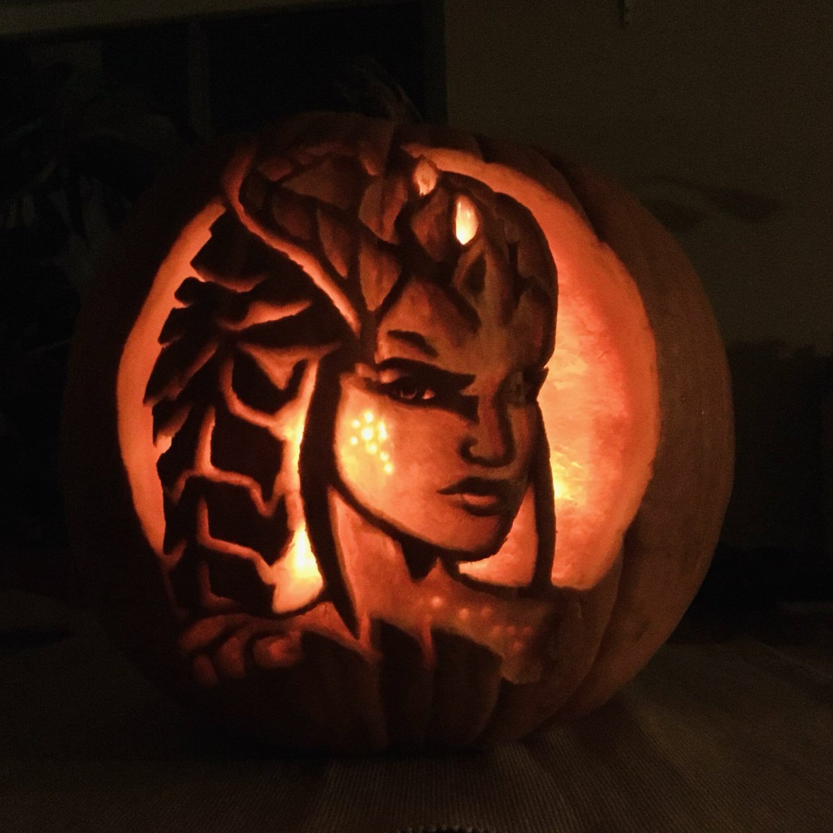 I may have failed inktober this year but I’m carving a pumpkin for my team. Its still in progress and everything hurts #symmetra #overwatch #carvingpumpkins
