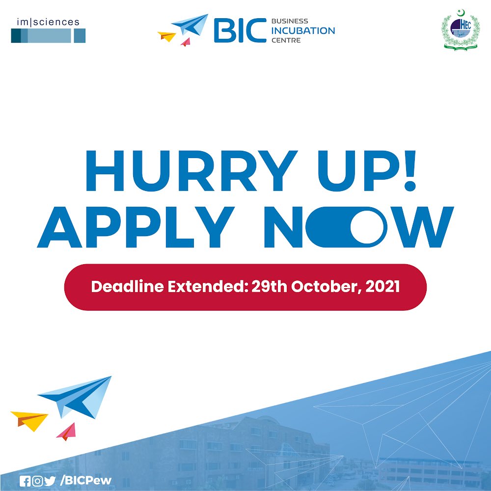 bicpew's tweet photo. Hurry Up! The clock is ticking, we've extended our deadline.
The new Deadline is 29th October 2021

Apply online at:  https://t.co/KFUOI1ycX5

Location: Institute Of Management Sciences, Hayatabad (Peshawar)

#BIC #startups #incubation #selfempolyed #innovation #Imsciences https://t.co/pea3C8xmpC