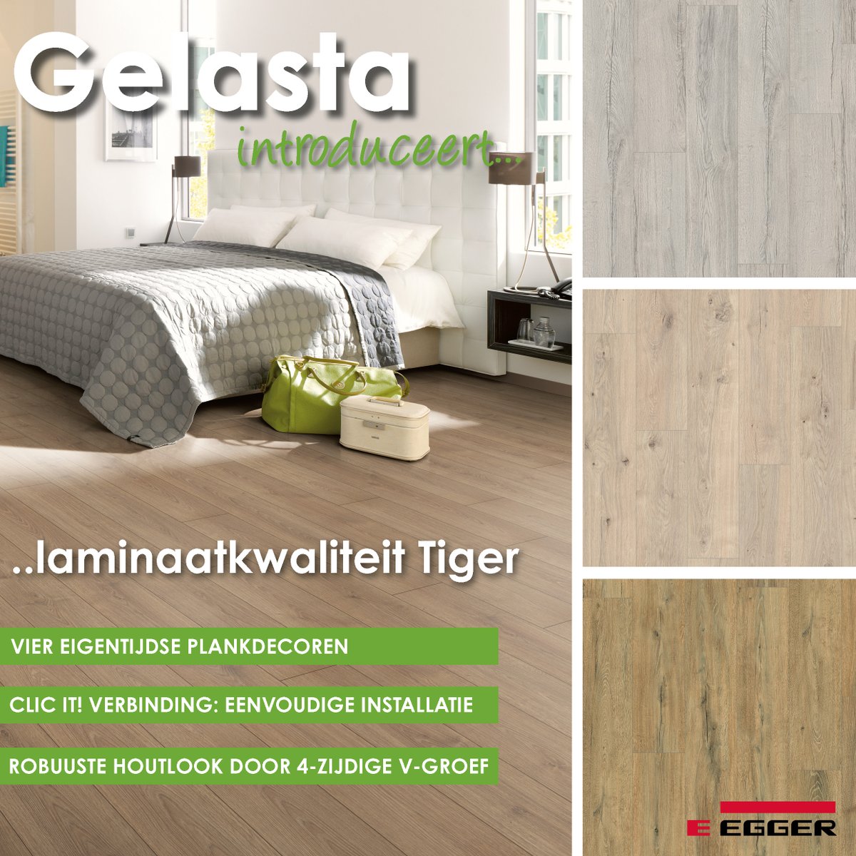 TIGER. Trendy en tegelijkertijd klassiek elegant. De Tiger is afkomstig van de bekende vloerenproducent EGGER Group en leverbaar in vier prachtige houtlookdecoren. Voor meer info: tinyurl.com/494d78aj 
#gelasta #laminaat #tiger #Egger #vgroef #bijpassendeplinten #klasse32
