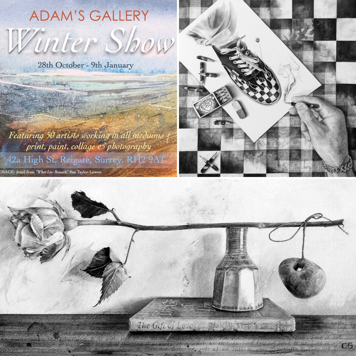 clairesparkes1's tweet photo. Excited to have 2 #paintings selected for the #Wintershow at Adam’s Gallery in Reigate Surrey. The #exhibition continues until 9th Jan 2022. Well worth a visit!
#exhibiting #watercolours #graphite #drawing #thegiftoflove #thepassion #vans #chequerboard #surrey #reigate #narrative https://t.co/a6fcaF6iBx