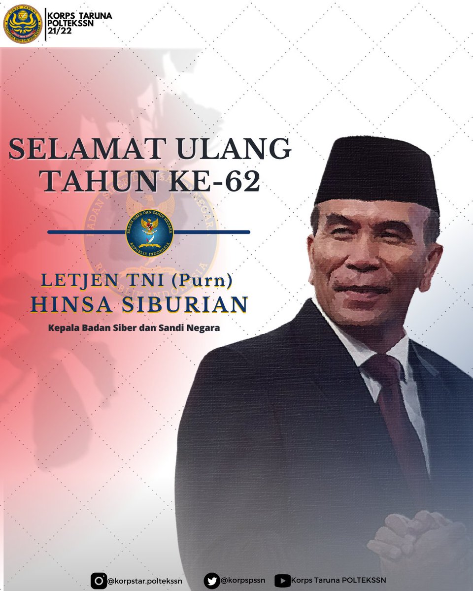 korpstarpssn's tweet photo. [HUT KEPALA BSSN]
Selamat ulang tahun untuk Kepala Badan Siber dan Sandi Negara, Bapak Letjen (Purn) Hinsa Siburian yang ke-61.

#hutkepalabssn #kabinetwibawa  #poltekssn #bssn 
https://t.co/uYmO3o0v0A https://t.co/mFz0AzKmOw