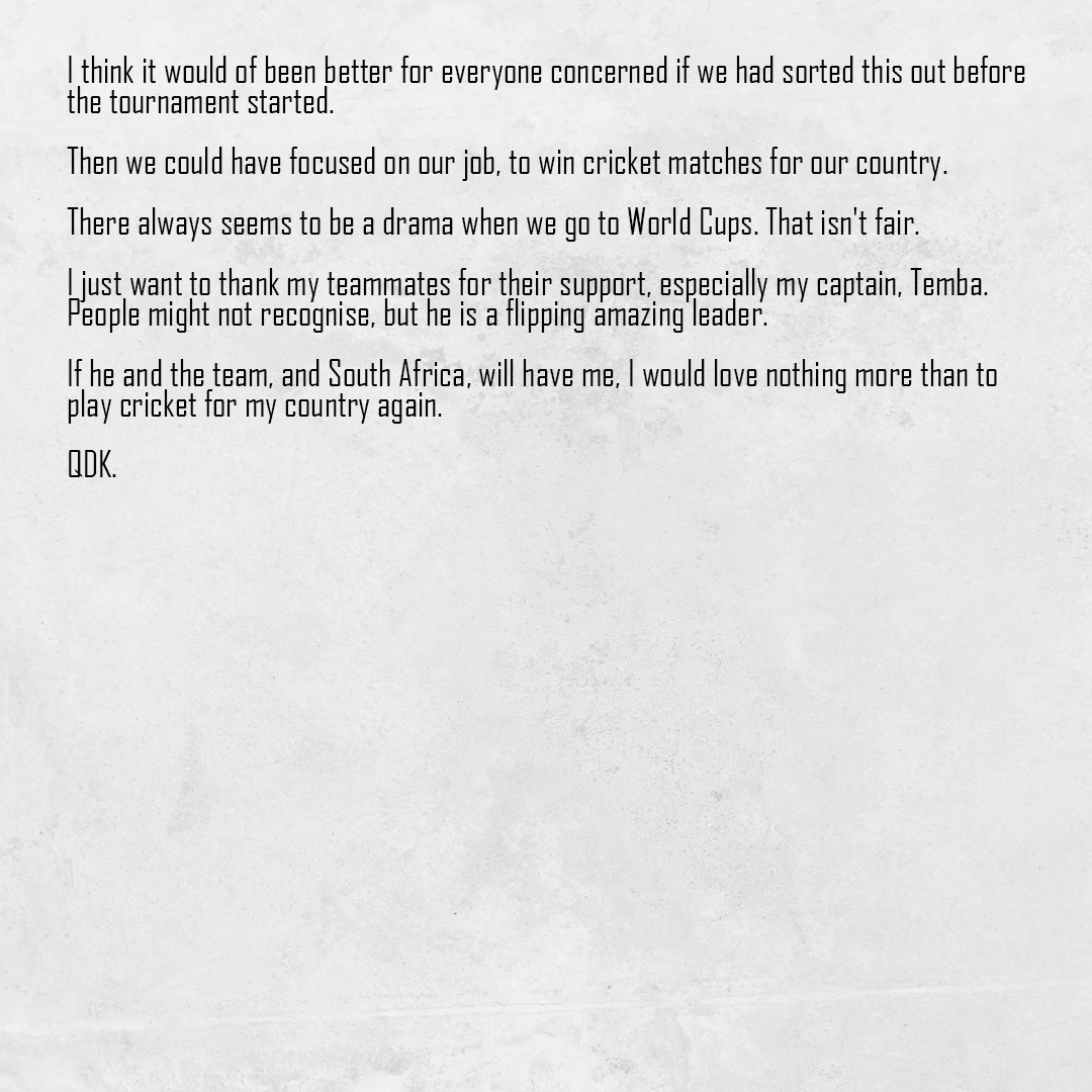 Quinton de Kock statement 📝