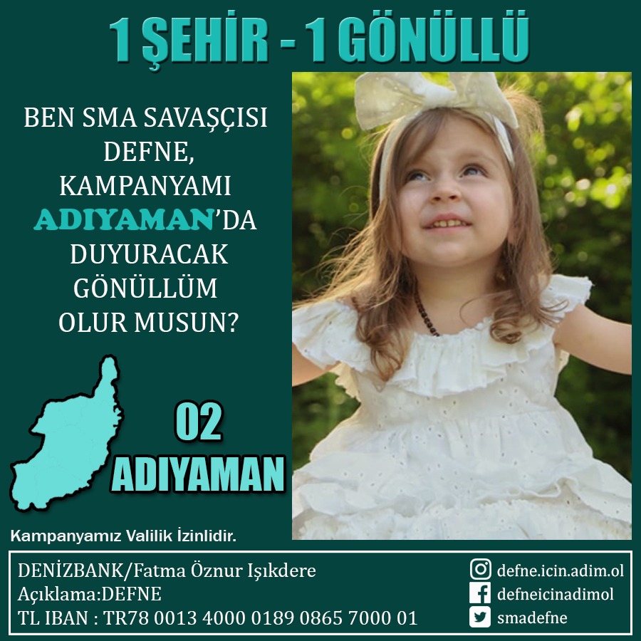 Türkiyenin dört bir yanında Defne'nin elinden tutacak iyilik meleklerini arıyoruz.

Bugün günlerden Adıyaman halkının desteklerini bekliyoruz.
Hadi Adıyaman Defneye adım ol

DENİZBANK
TR78 0013 4000 0189 0865 7000 01
Alıcı:Fatma Öznur Işıkdere

DEFNE yaz 3314'e gönder
(1SMS=20TL)