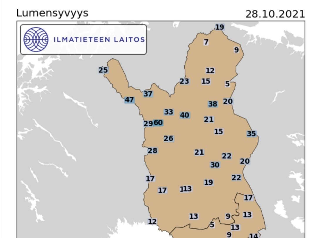 Beaucoup de #neige accumulée sur le nord de la Finlande avec jusqu'à 60 cm à Kittila Kenttarova, soit au niveau du record de Finlande pour un mois d'octobre. 