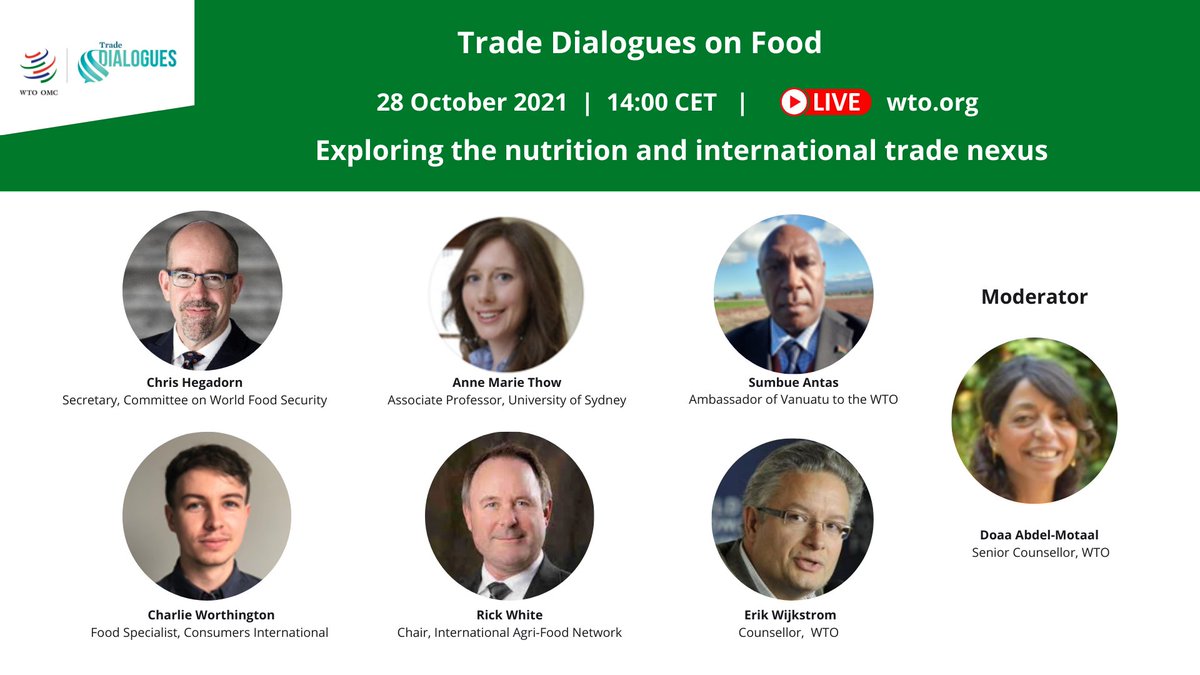 wto's tweet photo. 📢 Happening today: Join our #TradeDialogues on Food to explore the nutrition and international trade nexus! Send your questions to Dialogues@WTO.org @UN_CFS #WTOAg

⏰ 14:00 CET
📺 https://t.co/npQoV8S634

More about the event 👉 https://t.co/m7XdyIESkT https://t.co/6MP0wwPW3e