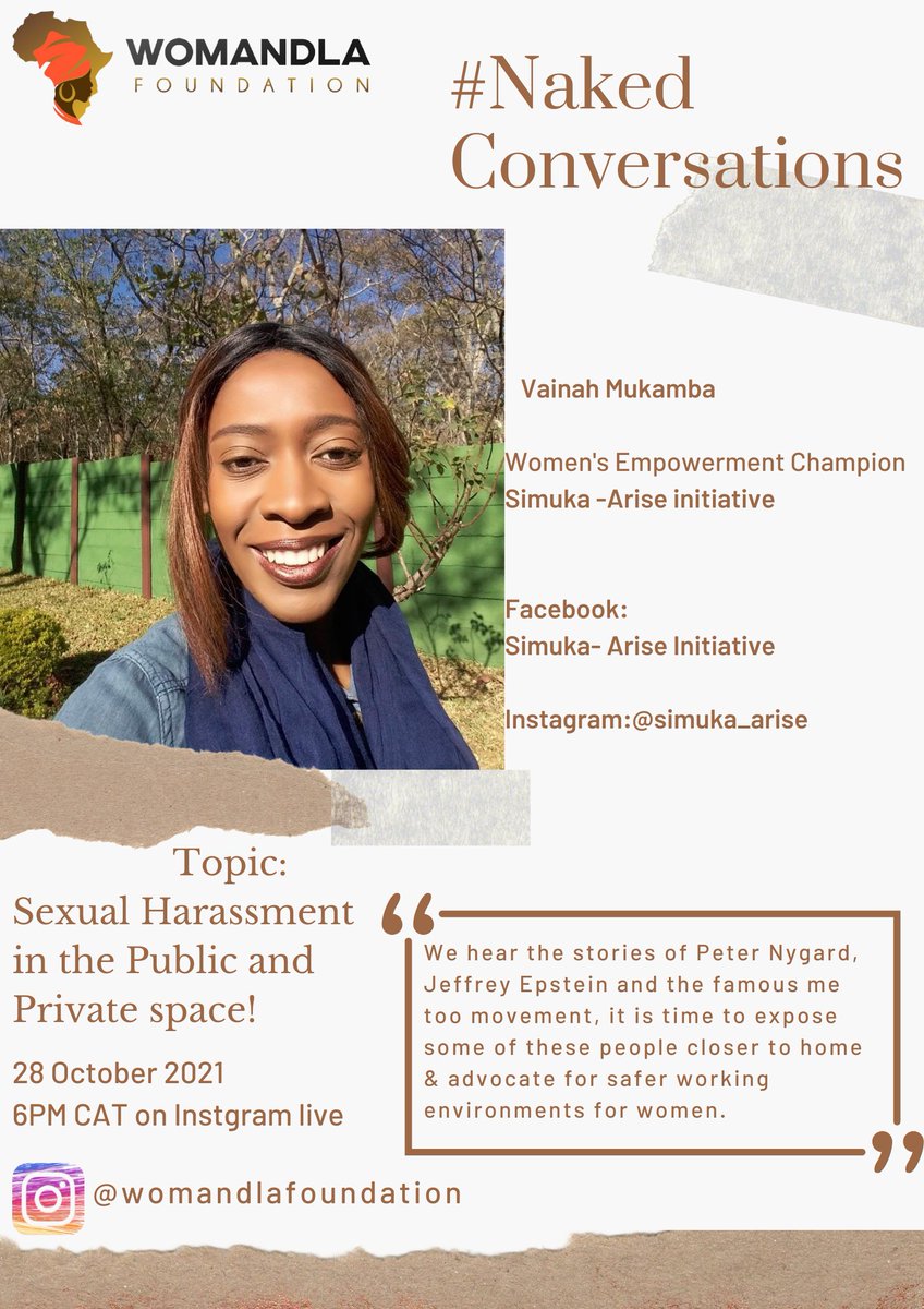 womandlaorg's tweet photo. Meet our Guest for our #NakedConversations
Vainah Mukamba is a Champion working for the Empowerment of #girls & #women .
Join us today at 6pm CAT Instagram live @womandlafoundation
Topic : Sexual Harassment in the Public and Private space!
#notViolence
#womensupportingwomen https://t.co/xxKBl7cckU