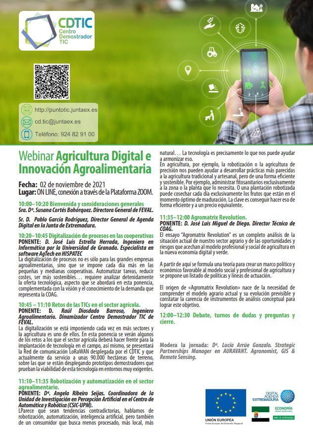 📣 Webinar sobre Digitalización Agroindustrial organizado por <a href="/ticExtremadura/">CDTIC</a> 

📅 2/11
⌚ 10.00 -12.30
🔗puntotic.juntaex.es/index.php/comp…