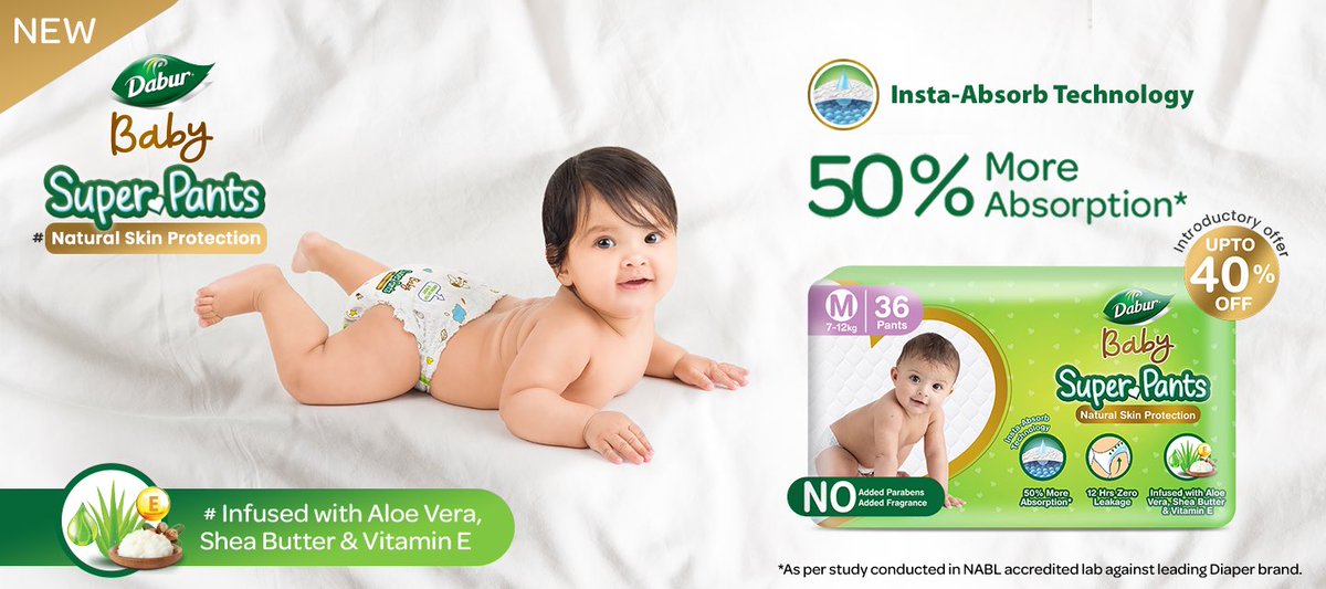 DaburIndia's tweet photo. @DaburIndia expands its Baby Care portfolio with the launch of #Dabur Baby #SuperPants Diapers with Insta–Absorb Technology that helps get 50% more absorption compared to other diapers
#DaburBaby #Diaper https://t.co/KYRKqAhVWQ