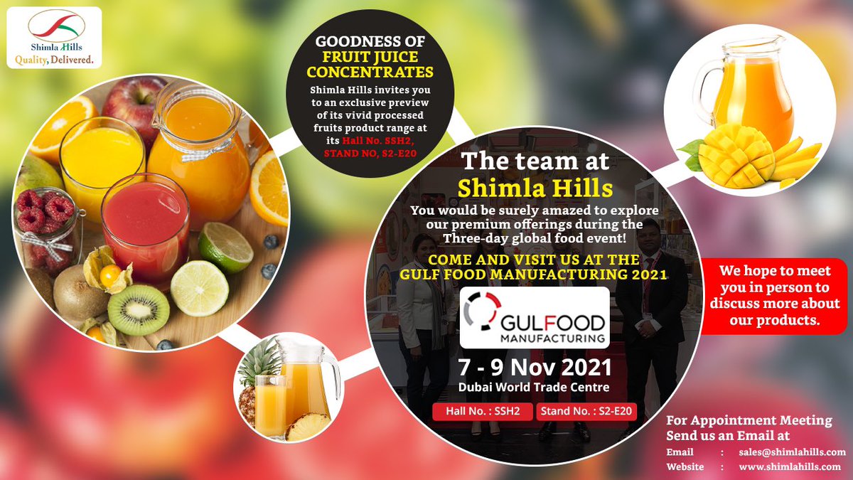 Shimla Hills invite you to Gulfood Manufacturing 2021!!!
 
7-9 Nov 2021

#gulfood2021 #foodexhibition #shimlahills #fruitpuree #mangopulp