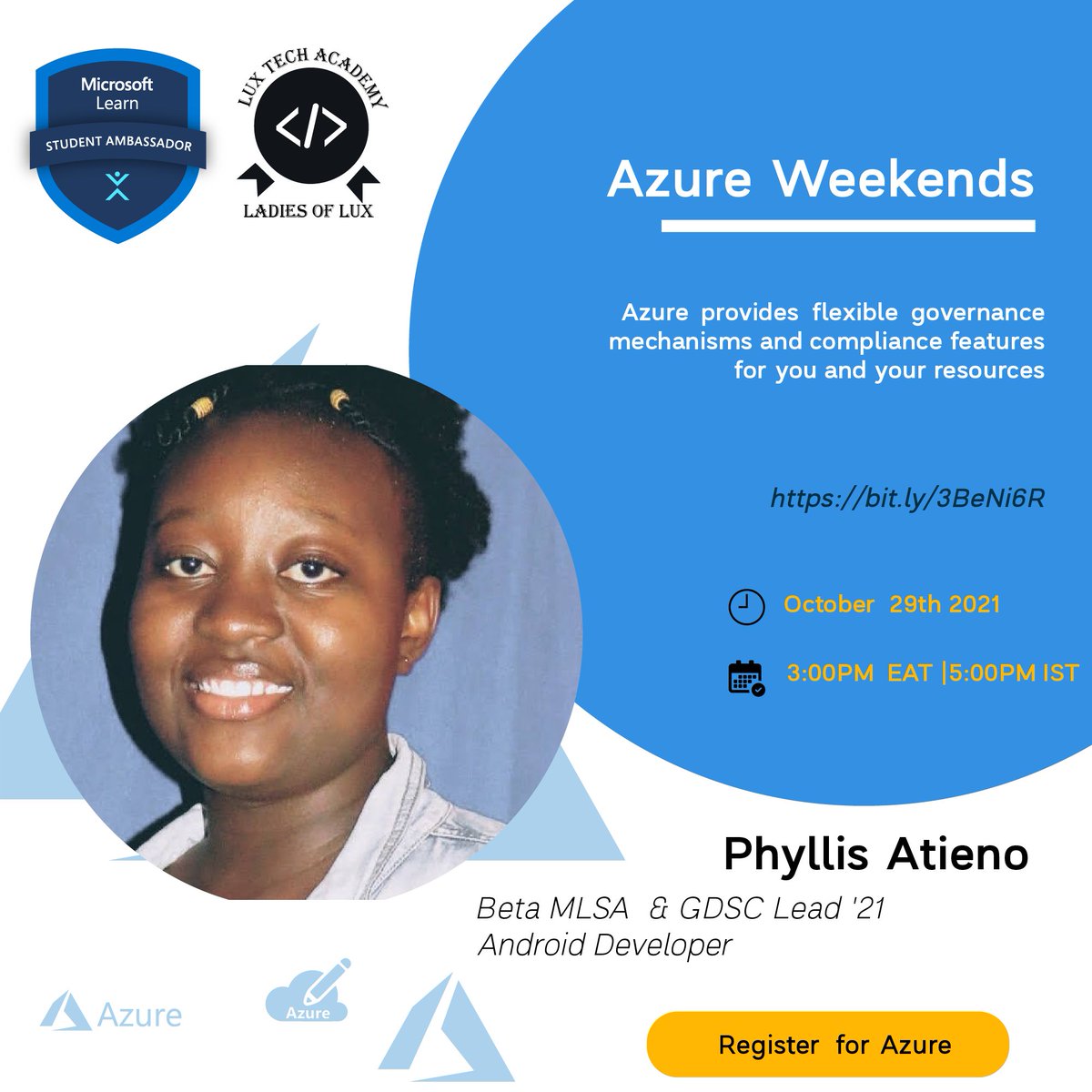TechMadi's tweet photo. @___Leria " Azure provides flexible governance mechanisms and compliance features for you and your resources"

Check out Azure  Weekends (Part 3) https://t.co/nzLWdms7MO 
@Meetup .@ConsolataG .@___Leria
#Azure #Microsoft #AzConfDev https://t.co/5vJm5Dgom2