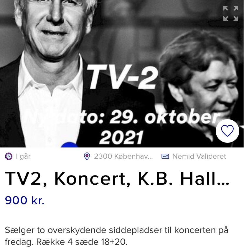 MichaelRosner10's tweet photo. Vil du til TV2 koncert i KB hallen i morgen fredag? Har en ven der har to billetter til salg.
RT gerne ! ❤️ #tilsalg #jegsøger https://t.co/cA4mt7Rxz6