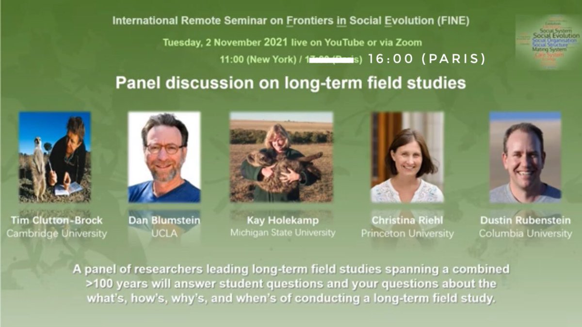 Next week we will have a special panel discussion on field studies! Five researchers leading long-term field studies spanning a combined &gt;100 years will answer questions about the what’s, how’s, why’s, and when’s of conducting field study.
See you on YouTube next Tuesday!