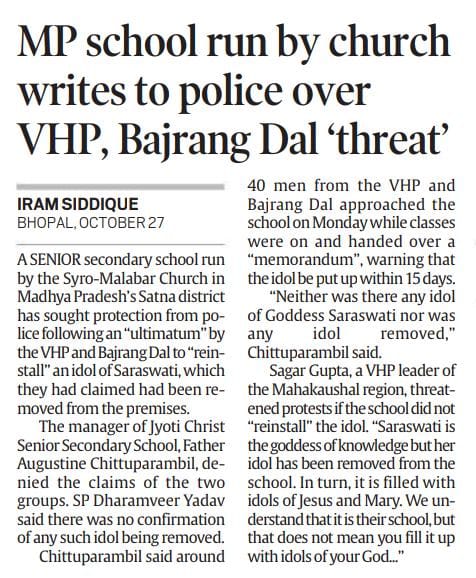 sadiq_cfi's tweet photo. The ruling RSS sponsored goons giving an ultimatum to 50 year old missionary school in MP threatening to instil idol in the campus is disgraceful. This kind of frequent attrocities by Bajrang dal & VHP is very denounceble. This kind of vandalism by hindutva should be resisted. https://t.co/gA3gzXJBAB