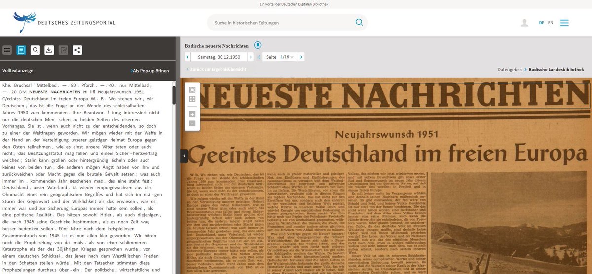 ddbkultur's tweet photo. Das Deutsche Zeitungsportal ist Subportal der #DDB, wird aufgebaut von @DNB_aktuelles, @SLUBdresden, @sbb_news und @FIZKarlsruhe und gemeinsam mit @dfg_public finanziert. 🙏
Die Nutzung ist kostenlos und ohne Registrierung möglich. Zum Portal:
https://t.co/wF7ZVrVLzN !B https://t.co/mMkKep5TBz