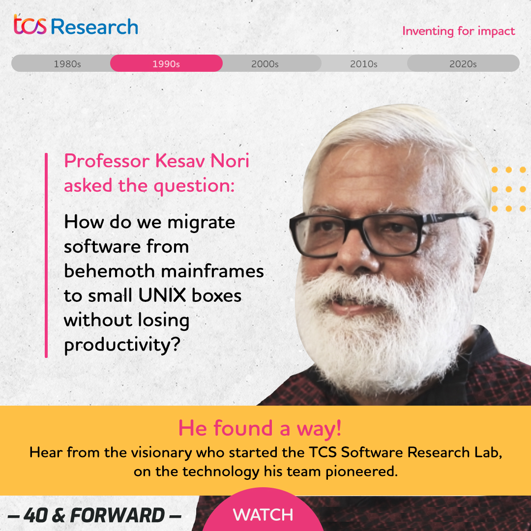 TCS Research (@tcsresearch) on Twitter photo 40 years ago, this month, TCS Research was born.
We salute the visionary who started the Software Research Lab in <a href="/TCS/">Tata Consultancy Services</a> - Prof. Kesav Vithal Nori.
Click to hear Professor Nori speak about how it all began - bit.ly/3EkVj
#TCSResearch #Research #TCS
#40andforward 40 years ago, this month, TCS Research was born.
We salute the visionary who started the Software Research Lab in <a href="/TCS/">Tata Consultancy Services</a> - Prof. Kesav Vithal Nori.
Click to hear Professor Nori speak about how it all began - bit.ly/3EkVj
#TCSResearch #Research #TCS
#40andforward