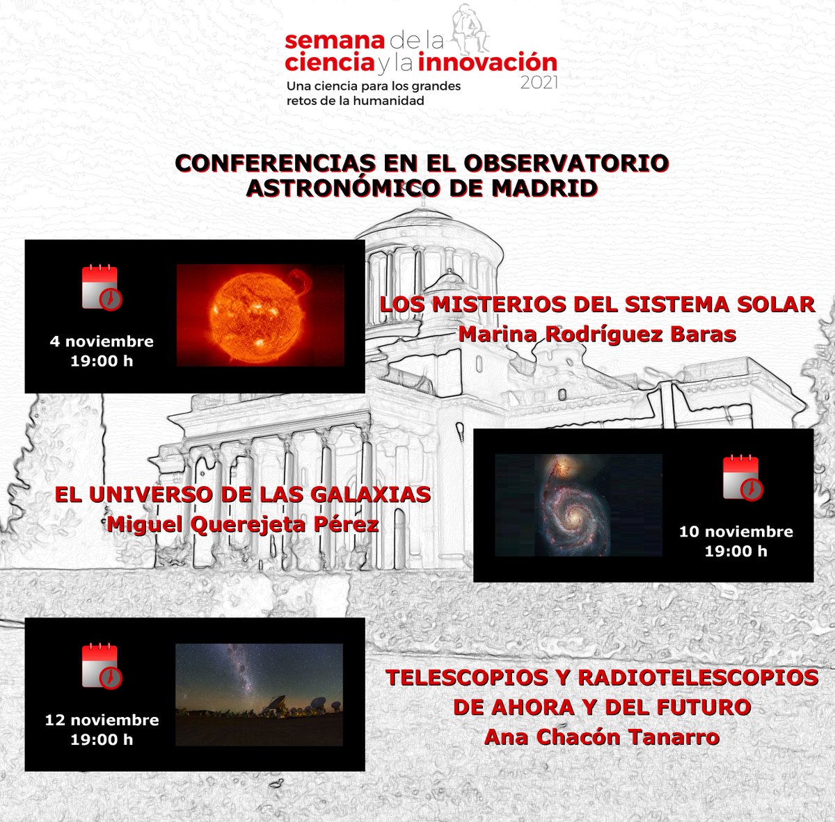 IGN_RObsMadrid's tweet photo. No te pierdas las tres conferencias de astronomía que hemos preparado para la Semana de la Ciencia. Serán los días 4, 10 y 12 de noviembre a las 19:00. Puedes asistir (con reserva) o verlas en directo a través de
nuestro canal de YouTube. Toda la info aquí https://t.co/PbTyek7jG3 https://t.co/pYu1tfqFWr