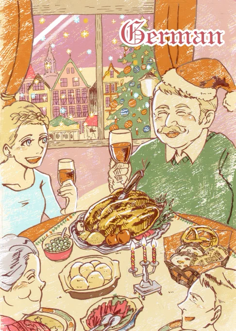 【クリスマスに家族で食事するハインツ(ドイツ)】
幻想的な雰囲気のドイツのクリスマスマーケット。帰省した家族たちとゆったりと過ごす晩餐の時間。

個展「#世界のおじちゃんと家族」11/3～30
詳細はこちら
https://t.co/uawSP7GphC 