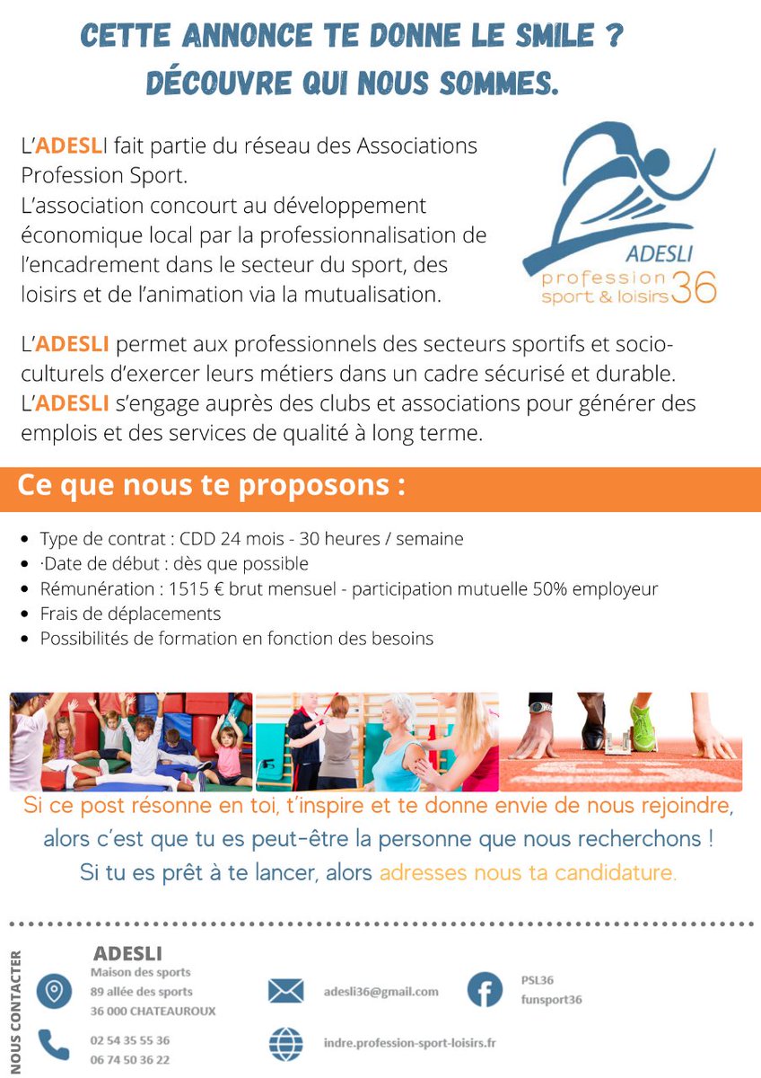 Wanted : éducateur/trice sportif/ive titulaire d'une ⚡licence APA ⚡pour renforcer notre pool d'éducateurs.
💨Poste à pourvoir ASAP
Contact : 06 74 50 36 22 ou adesli36@gmail.com