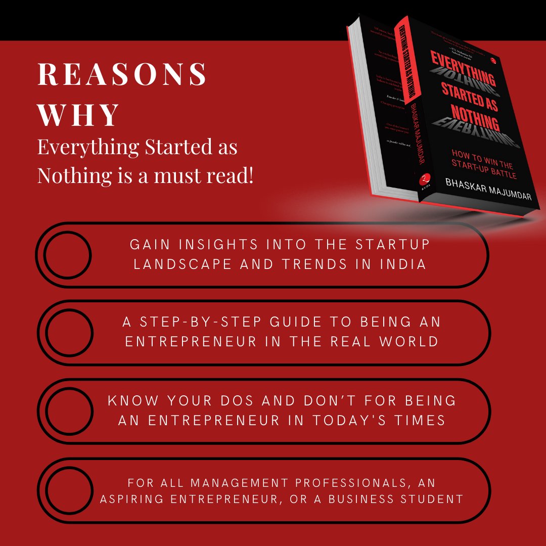 Bhaskar_MLondon's tweet photo. Entrepreneurship is not everybody’s cup of tea. It is a career fraught with failures and disappointments. Starting a business from the very scratch takes it all – grit, passion, intelligence, perseverance, and a great idea.
Buy your copy today - https://t.co/6CpVm0BhaQ https://t.co/jWambzQYbF