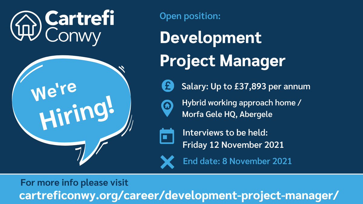 CartrefiConwy's tweet photo. 🏠Development Project Manager 🏠

🔑Key Information:
💸Salary: up to £37,893
📃Contract: permanent full time
❌Closing date: Monday 8 November 2021

If you think you have what it takes to take on the challenge at Cartrefi Conwy, please visit our website//bit.ly/3neDjbQ https://t.co/WJrdqooBvU