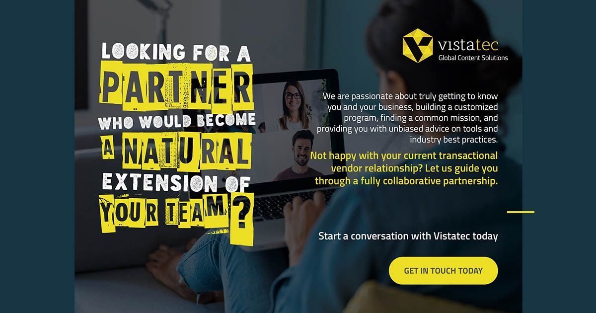 VistatecGlobal's tweet image. We are passionate about truly getting to know you and your business. vistatec.com #CustomizedProgram #ThinkGlobal