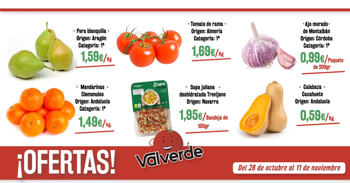 frutasvalverde's tweet photo. 🍐🍊🍅 FRUTIOFERTAS 🍐🍊🍅
¡¡Llegan las #frutiofertas del mes a #FrutasValverde y supermercados #DezaCalidad!!
Tomates, peras, mandarinas...encuéntralas hasta el próximo 11 de noviembre.
¡Te esperamos! #CalidadValverde https://t.co/s1tvCgEM2A