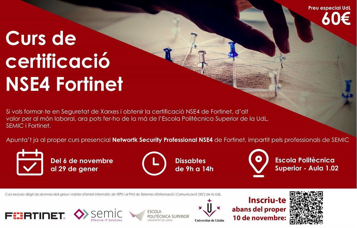 EPS_UdL's tweet photo. Ets alumne o antic alumne de l'àmbit informàtic de l'@epsudl, o treballes al SIC de la @UdL_info?  T'oferim, en col·laboració amb @semic, el curs de Certificació NSE4 Fortinet. Podràs acreditar-te com a tècnic en ciberseguretat! Més info i inscripcions a: https://t.co/4hwIiIf105 https://t.co/L3GfBJ4KlE