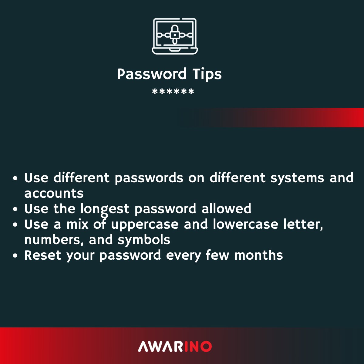 Aware_Ino's tweet photo. 🔒 Password Tips ****

#CyberSecurityMonth #CyberSeurityAwareness
#MakeHumanYourStrength 💥 #BeCyberAware

➡️ Learn more about our products &amp; Book a demo: https://t.co/oiXJRGqN6g https://t.co/Q9BzkO3C5m
