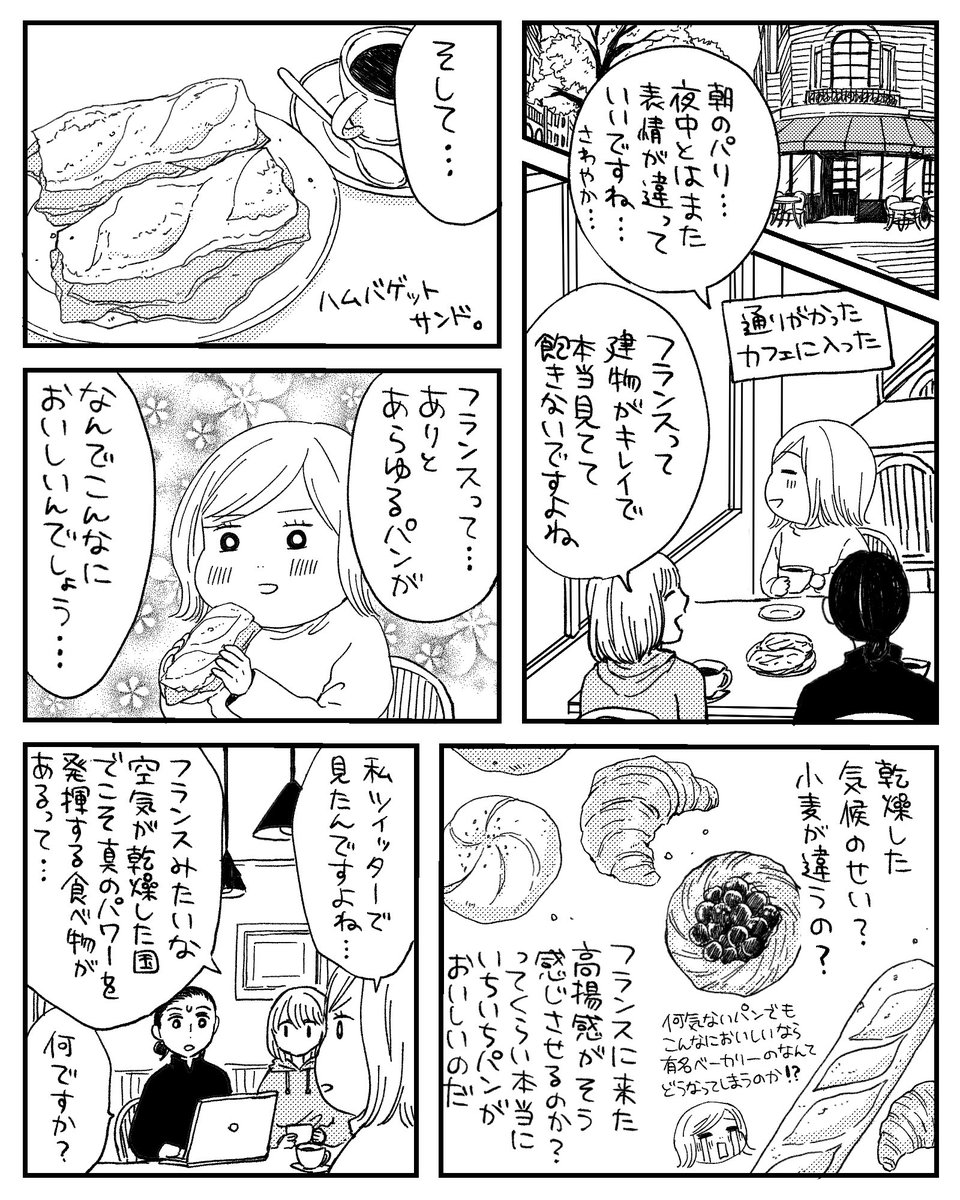 フランス旅行レポ漫画🇫🇷その13
ホテルのバイキングのなんてことないクロワッサンも、カフェで食べたお安いバゲットサンドも全部唸るほどおいしかった…フランスに来たという興奮からくるプラシーボ効果?いやいやそんなことはないはず…🥖